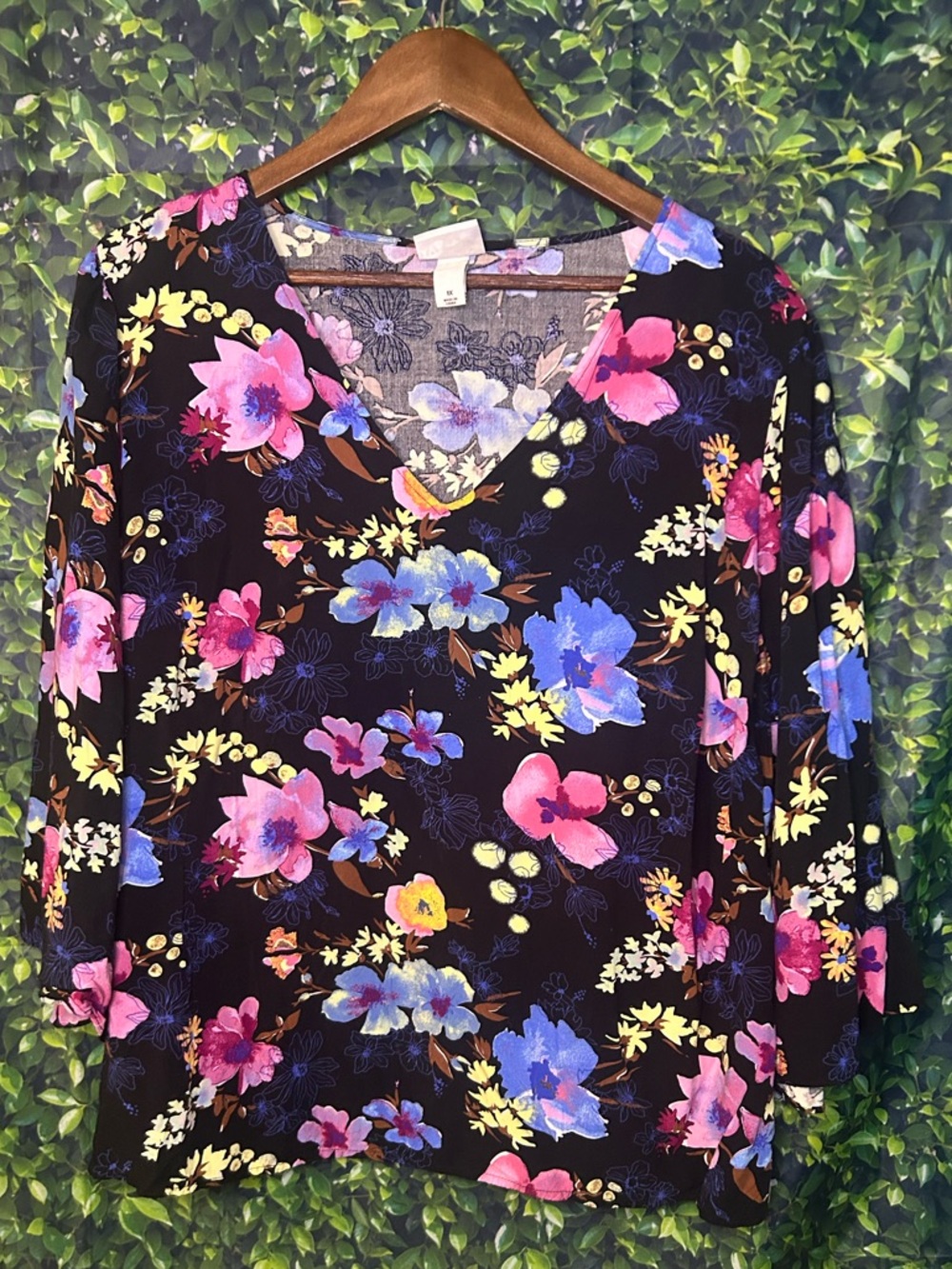 Ava & Viv Black V-Neck Long Sleeve Floral Top with Pink & Blue Blooms